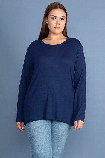 Şans Women's Large Size Navy Blue Cotton Fabric Crew Neck Long Sleeve Blouse 65N37715