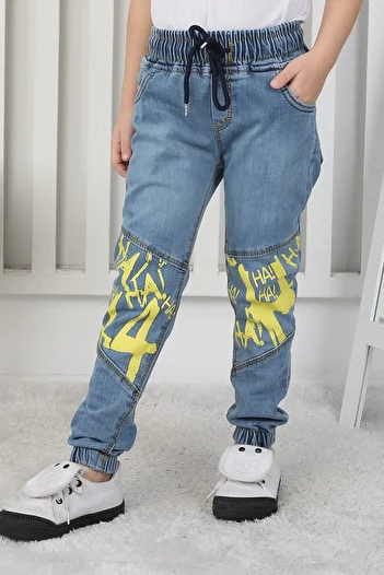e-çocuk Yellow Graffiti Printed Boy's Blue Jeans 6209