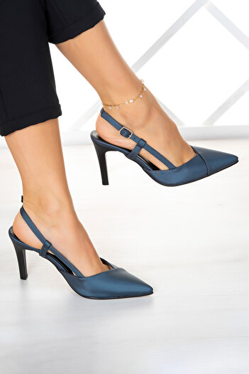 Erkan Saçmacı Sacha Navy Blue Satin Open Back Evening Dress Stiletto 9 Cm