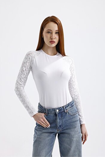 Miss Murem White Lace Sleeve Bodysuit - White