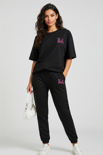 Trendyol Collection Slogan Printed Black Knitted T-Shirt and Pants Set - Twoss25Au00098