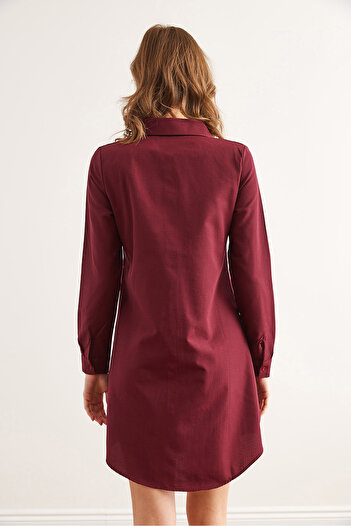 Olalook Women's Burgundy Hidden Placket Woven Mini Shirt Dress Elb- 19002338