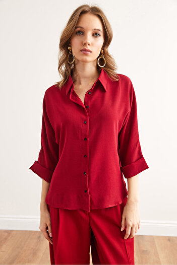 Olalook Women's Burgundy Three Quarter Sleeve Front Short Back Long Flowy Shirt Gml- 19001283
