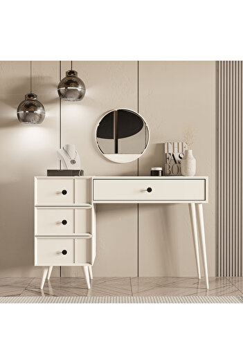 Mezza 2250 ROSE AYNALI (AHŞAP AYAKLI)MDF PROFİL ÇERÇEVELİ 4 ÇEKMECELİ 120 CM MAKYAJ MASASI BEYAZ
