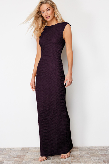 Trendyol Collection Rochie creion midi elastică cu textura de prune - mânecă lunară, așezată pe corp, tricotată - TWOSS24EL00103