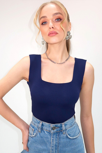 Trend Alaçatı Stili Kadın Bebe Mavi - Lacivert Kare Yaka Mevsimlik Merserize 2'Li Triko Bluz ALC-X13744