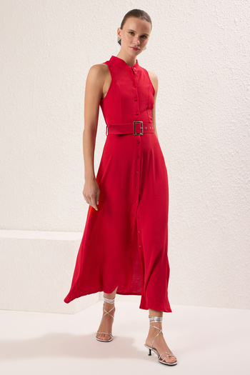 Trendyol Collection Red Straight Belt Maxi Woven Dress Twoss23El01628