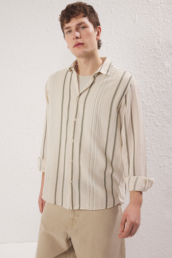 Trendyol Collection Premium Khaki Regular Fit Striped Linen Textured Shirt Tmnss23Go00056