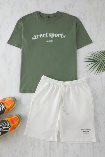 Trendyol Collection Emerald Green-Ecru Σετ φόρμας 2 τεμαχίων Oversize - 100% βαμβακερό σορτς και μπλουζάκι