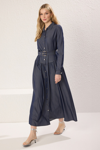 Trendyol Modest Woven Denim Look Dress with Indigo Belt Tctss25Eb00095