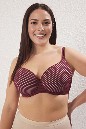 Trendyol Curve Burgundy Striped Fixed Covered Large Size Bra Tbbss25Cw00003