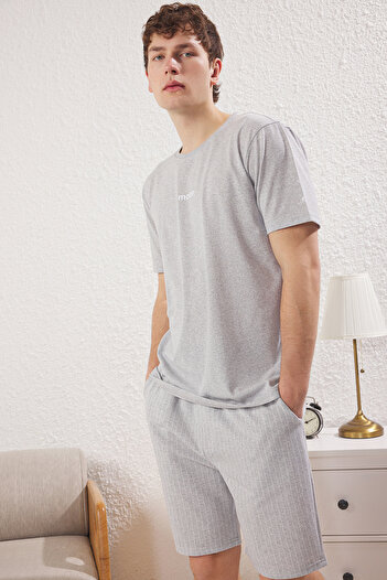 Trendyol Collection Grey Striped Regular Fit Shorts Pajama Set - Thmss21Pt1005