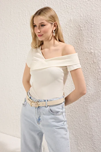 Trendyol Collection Asymmetrical Collar Stone Color Knitted Blouse - Fitted, Twoss25Bz00381
