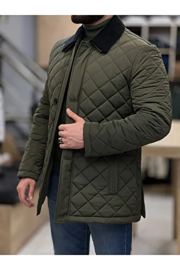 SAVARA Men's Quilted Khaki Diamond Patterned - Mono Collar, Water Repellent Classic Coat
