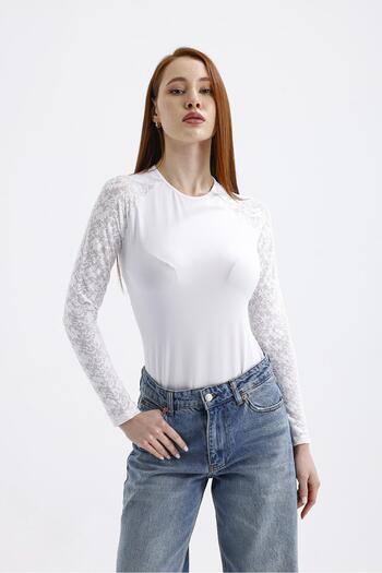Miss Murem White Lace Sleeve Bodysuit - White