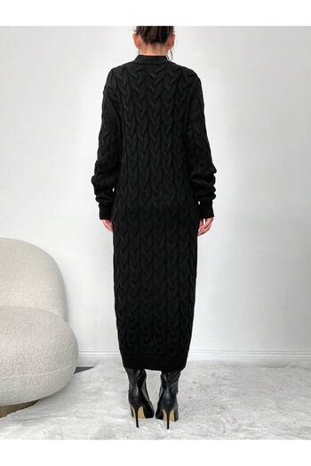 Askı Nişantaşı Black Crew Neck Hair Braided Knitwear Dress