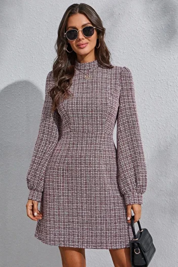 Know Plaid Pattern Tweed Fabric Turtleneck Mini Dress