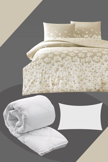 Taç April Beige Ranforce Single Duvet Cover Set + Quilt + Silicone Pillow