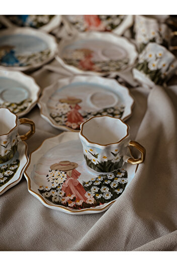 Store Special Design Hand Painted Girl Gathering Daisy in Pink Dress Themed Turkish Coffee Cup (1 Piece)