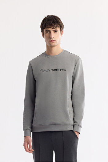 Avva Men's Regular Fit Gray Crew Neck Printed Bi-Stretch Interlock Sweatshirt A51Y1208