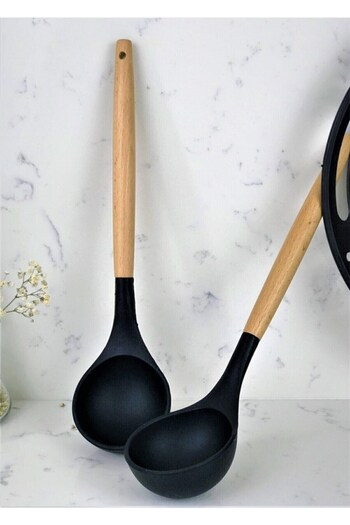 Qerhome Silicone Soup Ladle with Bamboo Handle - Black 1 Piece