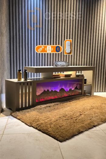 ROZIA Dekoratif Elektrikli Yapay Şömine Ve Tv Ünitesi 160 Cm X 52 Cm ,kumandalı, Bluetooth Ses Bej Rengi