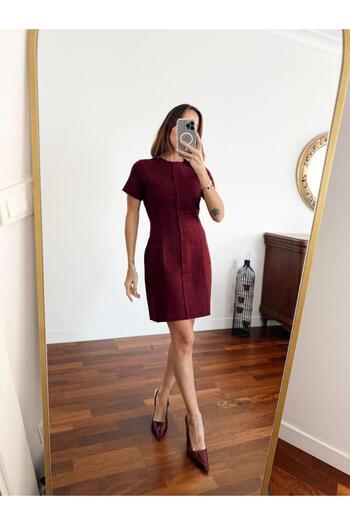 Maldia Shop Γυναικείο Tweed υφασμάτινο κοντομάνικο μπορντό φόρεμα
