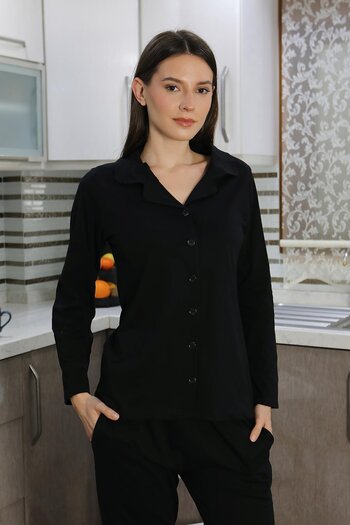 Akbeniz Black Long Sleeve Cotton Combed Women's Pajamas Set - Front Button 2783