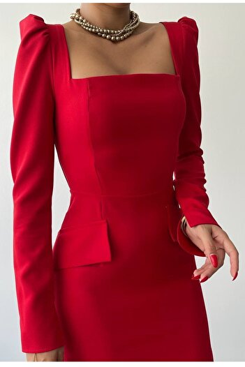 bayansepeti Red Atlas Fabric Square Neck Princess Sleeve Design Mini Evening Dress 310