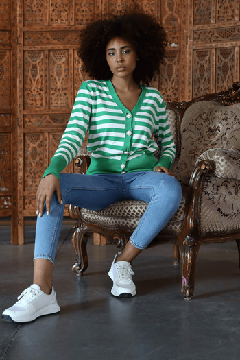 Irmak Kerekli Women's Green-Ecru Pearl Buttoned Striped Knitwear Cardigan 3108
