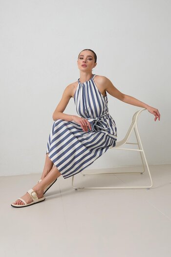 Setre Ecru-Blue Linen Blend Halter Neck Dress with Belt Detail