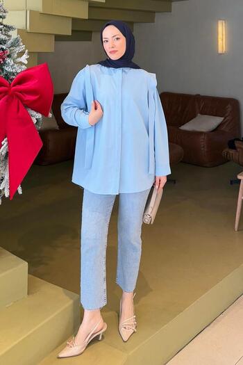 lamelif Shoulder Padding Detailed Hijab Shirt Baby Blue