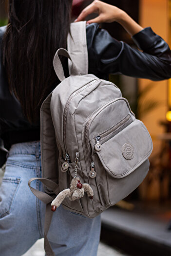 Morpelikan Women's Waterproof Parachute Fabric Multi-Compartment Front Pocket Sand Gray Backpack with Adjustable Strap