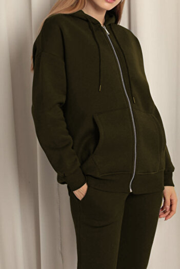 ruNadeS Women's Khaki Hood Printed 3 Thread Oversize Fleece Jacket - Cardigan