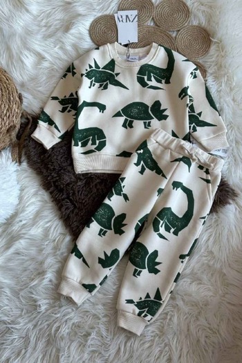 wakawakakidsstore Dinosaur Printed Crew Neck Boys Tracksuit Set