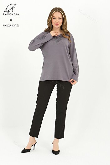 Ravencia Women's Middle-Aged and Above Viscose Bow Pattern Stone Embroidered Lycra Gray Mother's Combed Cotton Blouse
