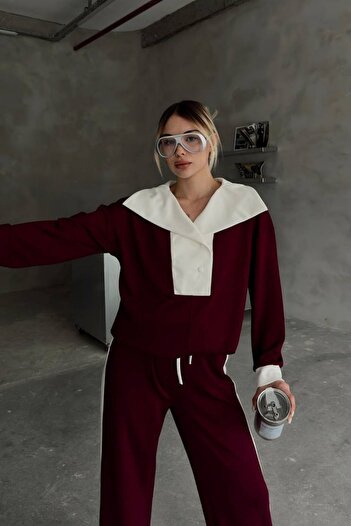 Byelmira Women's Striped Burgundy-Ecru Sweatshirt Tracksuit Modal Set