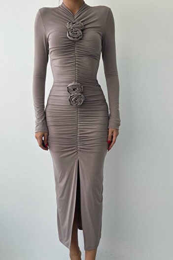 bayansepeti Mink Sandy Fabric Drawstring and Slit Detail Rose Accessory Design Midi Evening Dress 314
