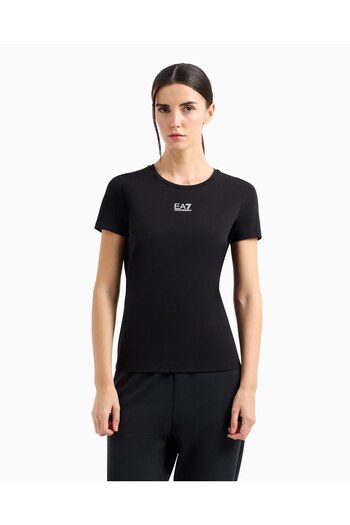 EA7 Women's Regular Fit Stretchy Cotton Fabric Round Neck Ea7 Logo Short Sleeve Black T-Shirt 7W 000072   Af