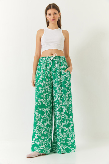 Bianco Lucci Women's Elastic Waist Tie Patterned Pocket Viscose Palazzo Trousers 60261433
