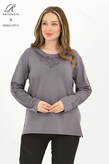Ravencia Women's Middle-Aged and Above Viscose Bow Pattern Stone Embroidered Lycra Gray Mother's Combed Cotton Blouse
