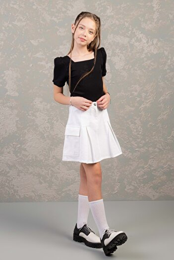 ww waka waka kids store Girl's Cargo Pocket Pleated Denim Skirt - White - Age 10-11
