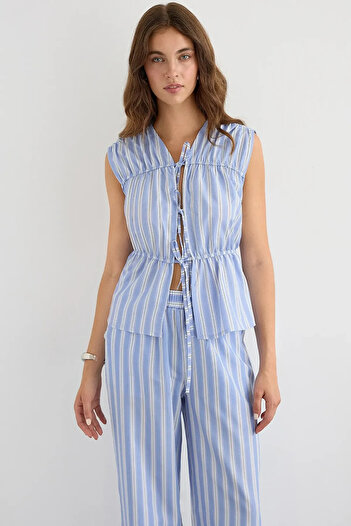 Hiccup Bow Detailed Striped Crew Neck Blouse