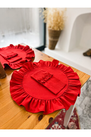 KaiHome Set of 4 Red Dak Linen - Ruffle Detailed Round American Serving Plates