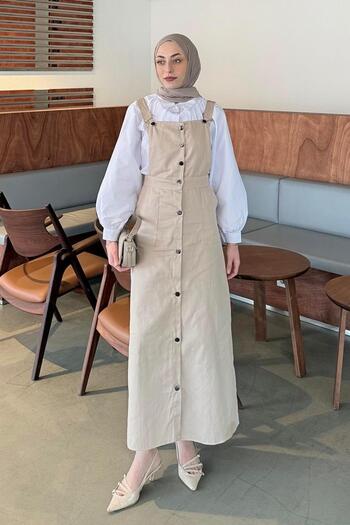 lamelif Cream Colored Front Buttoned Salopet