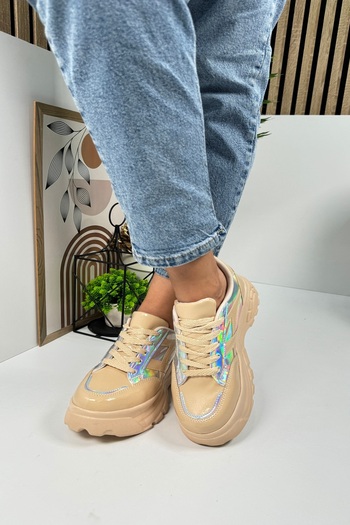 Nstil Nut Patent Leather Hologram Sneaker - Thick Sole, Lace-Up and Tiger Stripe Comfortable Sports Shoes 032