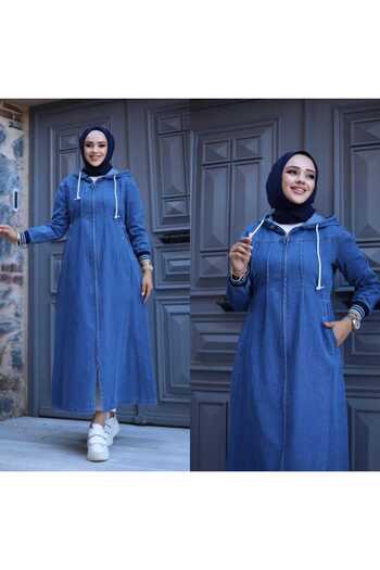 OlaLady Women's Shoulder Stitching Detailed Sleeves Elasticized Hijab Denim Jeans Top Coat