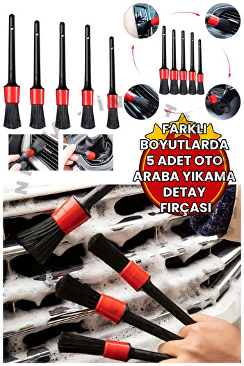 İnfeta 5'li Kaliteli Farklı Boyutlarda Oto Detay Fırça Seti 5 Adet Oto Araba Yıkama Klima Temizleme Fırçası