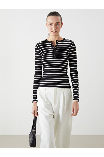 LC Waikiki Black Crew Neck Striped Women's T-Shirt
