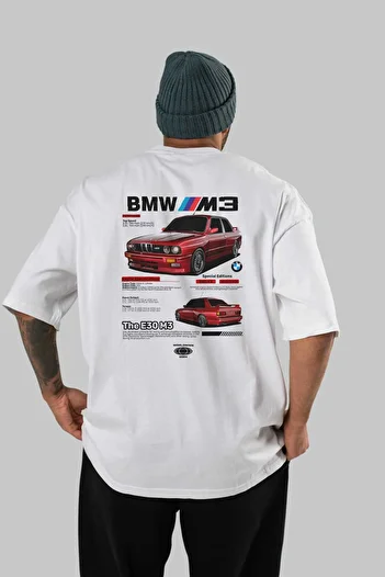 Ankhises BMW E30 M3 Πίσω εμπριμέ λευκό μπλουζάκι Oversize Crew λαιμόκοψη βαμβακερό Ανδρικά Γυναικεία